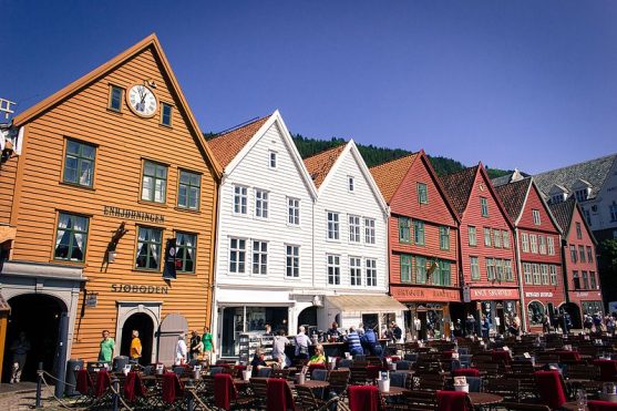 Barrio de Bryggen en Bergen, Noruega